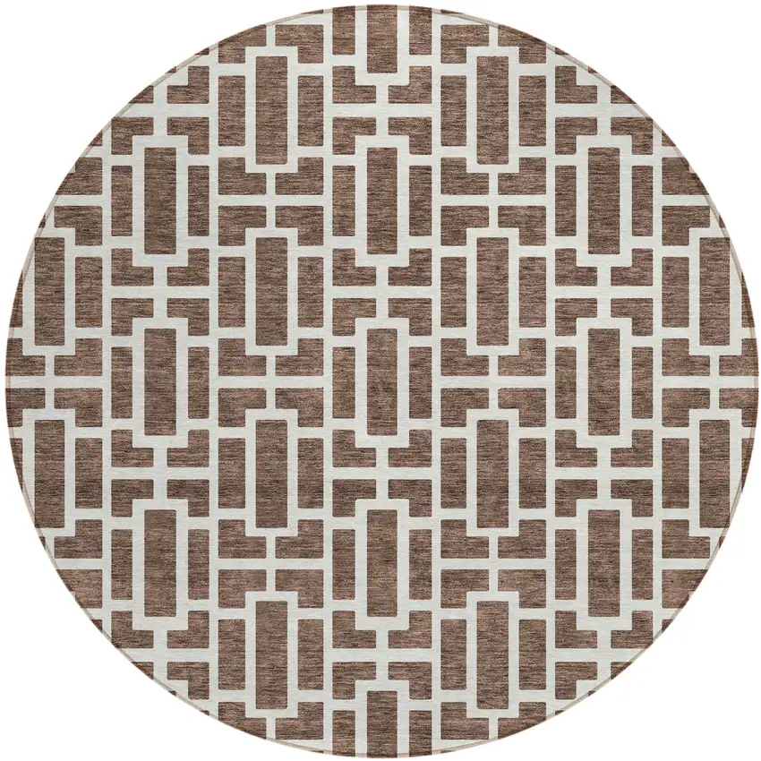 8' Brown And Beige Round Geometric Washable Indoor Outdoor Area Rug Photo 2