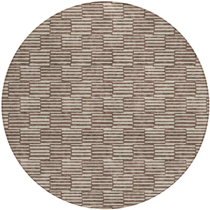8' Brown And Beige Round Geometric Washable Indoor Outdoor Area Rug Photo 2