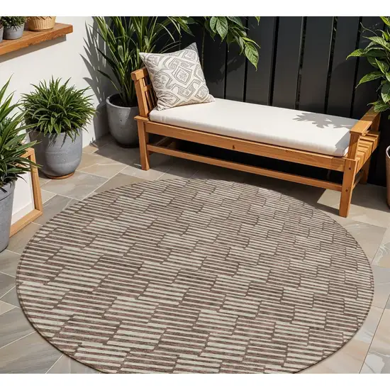 8' Brown And Beige Round Geometric Washable Indoor Outdoor Area Rug Photo 1