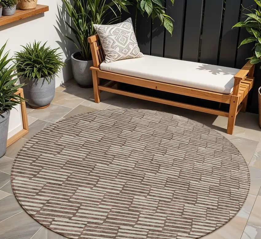 8' Brown And Beige Round Geometric Washable Indoor Outdoor Area Rug Photo 1