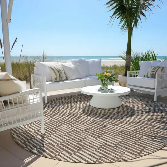 8' Brown And Beige Round Geometric Washable Indoor Outdoor Area Rug Photo 6