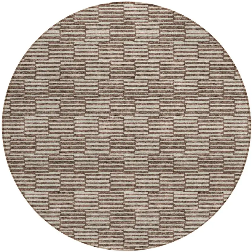 8' Brown And Beige Round Geometric Washable Indoor Outdoor Area Rug Photo 5