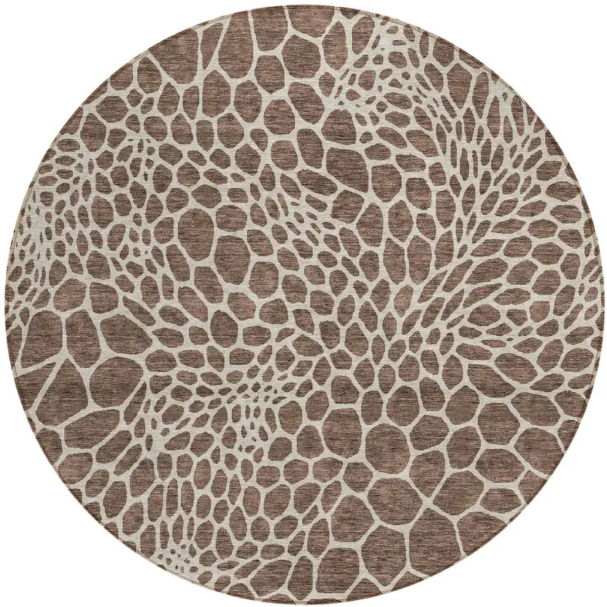 8' Brown And Beige Round Geometric Washable Indoor Outdoor Area Rug Photo 6
