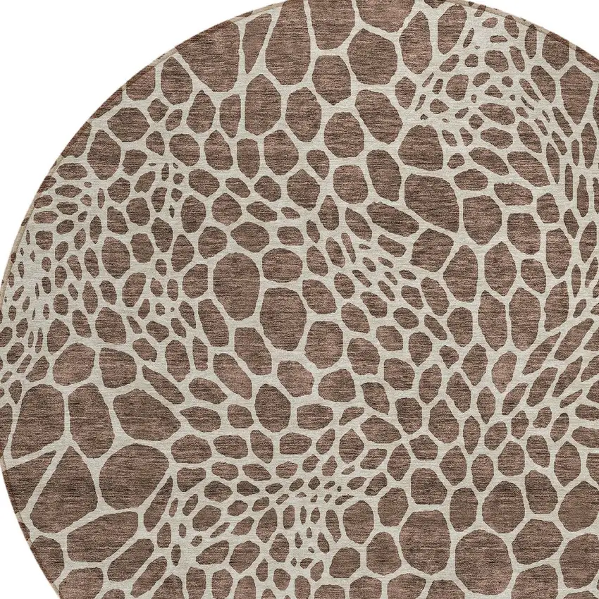 8' Brown And Beige Round Geometric Washable Indoor Outdoor Area Rug Photo 5