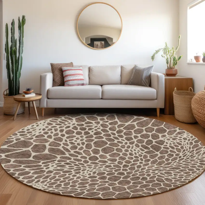 8' Brown And Beige Round Geometric Washable Indoor Outdoor Area Rug Photo 8