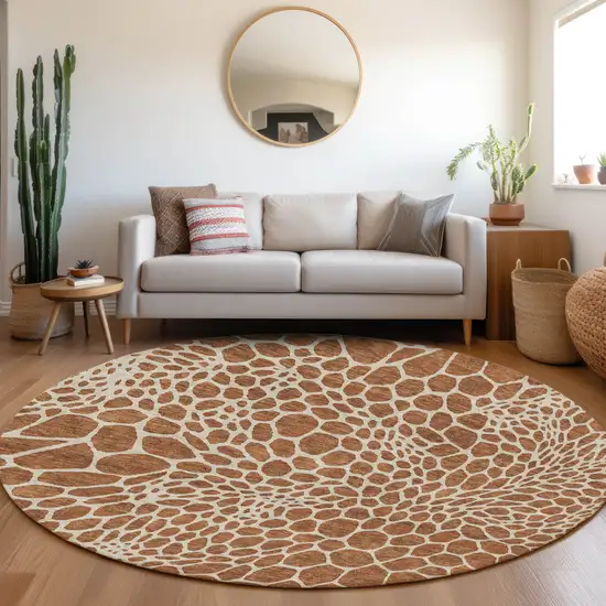 8' Brown And Beige Round Geometric Washable Indoor Outdoor Area Rug Photo 8