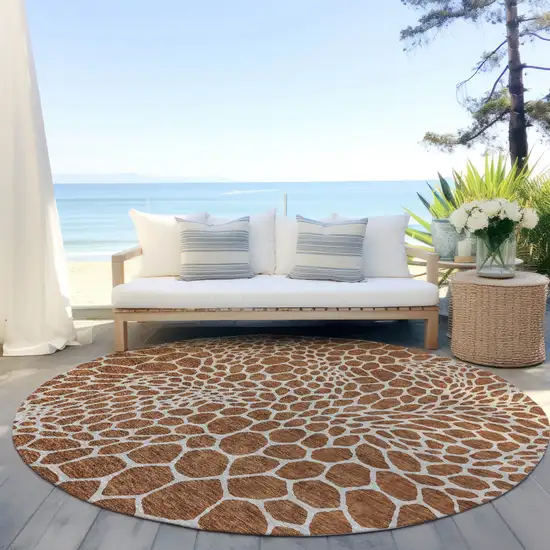 8' Brown And Beige Round Geometric Washable Indoor Outdoor Area Rug Photo 7