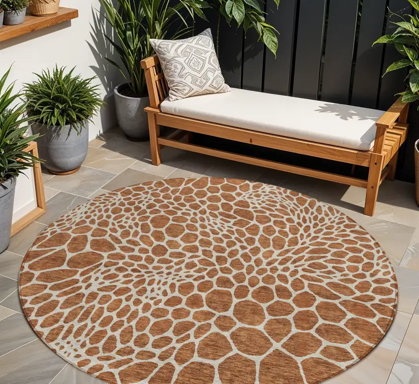8' Brown And Beige Round Geometric Washable Indoor Outdoor Area Rug Photo 1