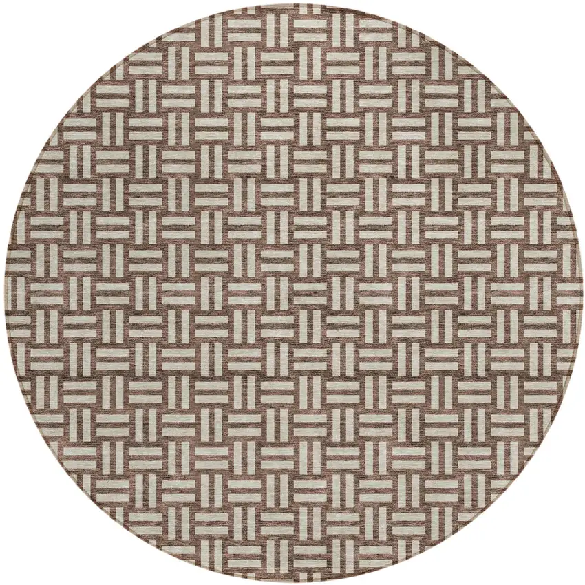 8' Brown And Beige Round Geometric Washable Indoor Outdoor Area Rug Photo 2
