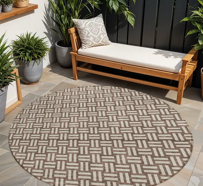 8' Brown And Beige Round Geometric Washable Indoor Outdoor Area Rug Photo 1