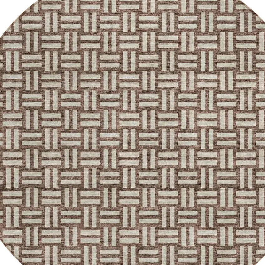 8' Brown And Beige Round Geometric Washable Indoor Outdoor Area Rug Photo 4