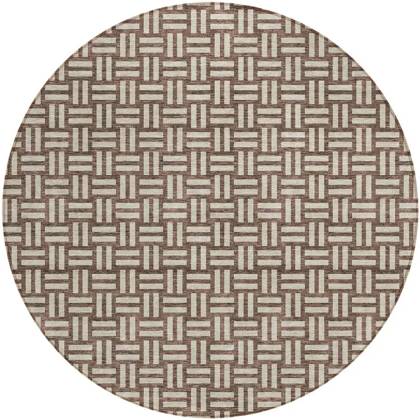 8' Brown And Beige Round Geometric Washable Indoor Outdoor Area Rug Photo 5