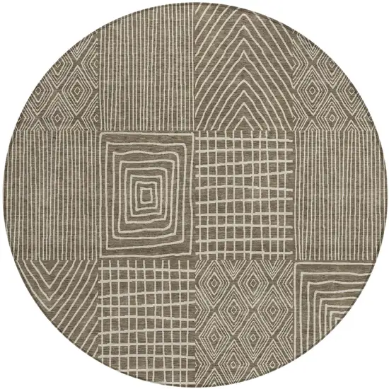 8' Brown And Beige Round Geometric Washable Indoor Outdoor Area Rug Photo 2