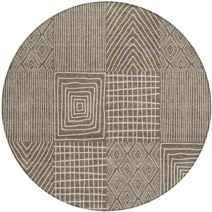 8' Brown And Beige Round Geometric Washable Indoor Outdoor Area Rug Photo 2