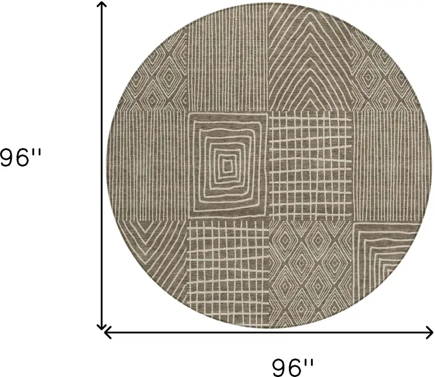 8' Brown And Beige Round Geometric Washable Indoor Outdoor Area Rug Photo 3