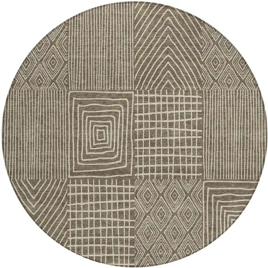 8' Brown And Beige Round Geometric Washable Indoor Outdoor Area Rug Photo 5
