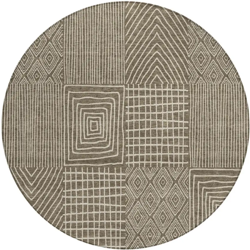 8' Brown And Beige Round Geometric Washable Indoor Outdoor Area Rug Photo 5