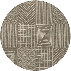 Photo of 8' Brown And Beige Round Geometric Washable Indoor Outdoor Area Rug