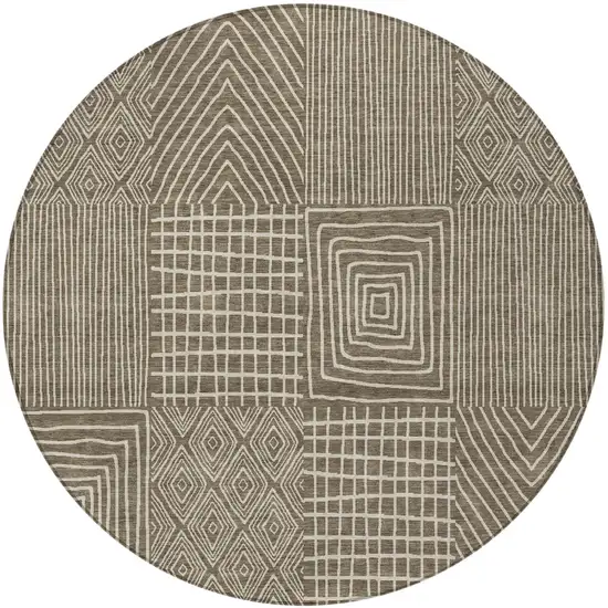 8' Brown And Beige Round Geometric Washable Indoor Outdoor Area Rug Photo 6