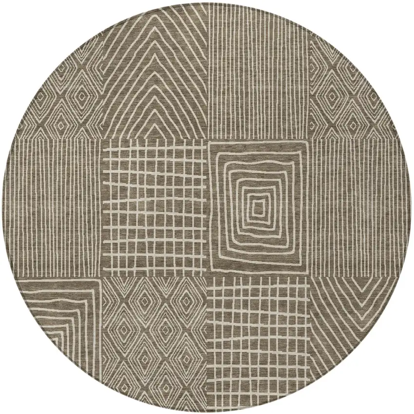 8' Brown And Beige Round Geometric Washable Indoor Outdoor Area Rug Photo 6