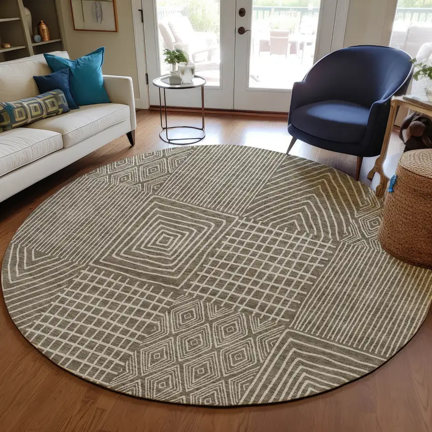 8' Brown And Beige Round Geometric Washable Indoor Outdoor Area Rug Photo 9