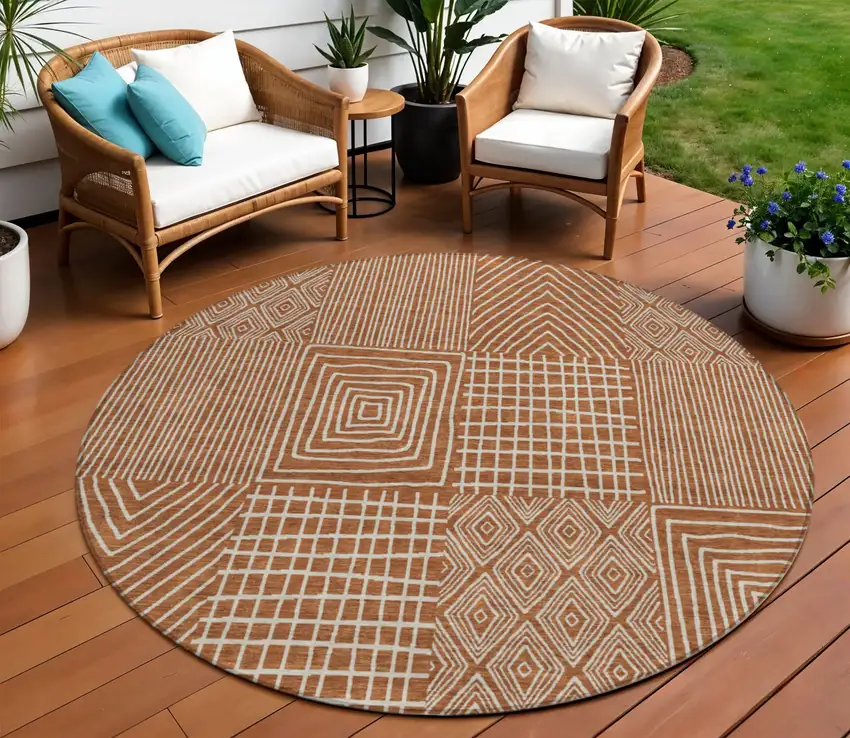 8' Brown And Beige Round Geometric Washable Indoor Outdoor Area Rug Photo 1