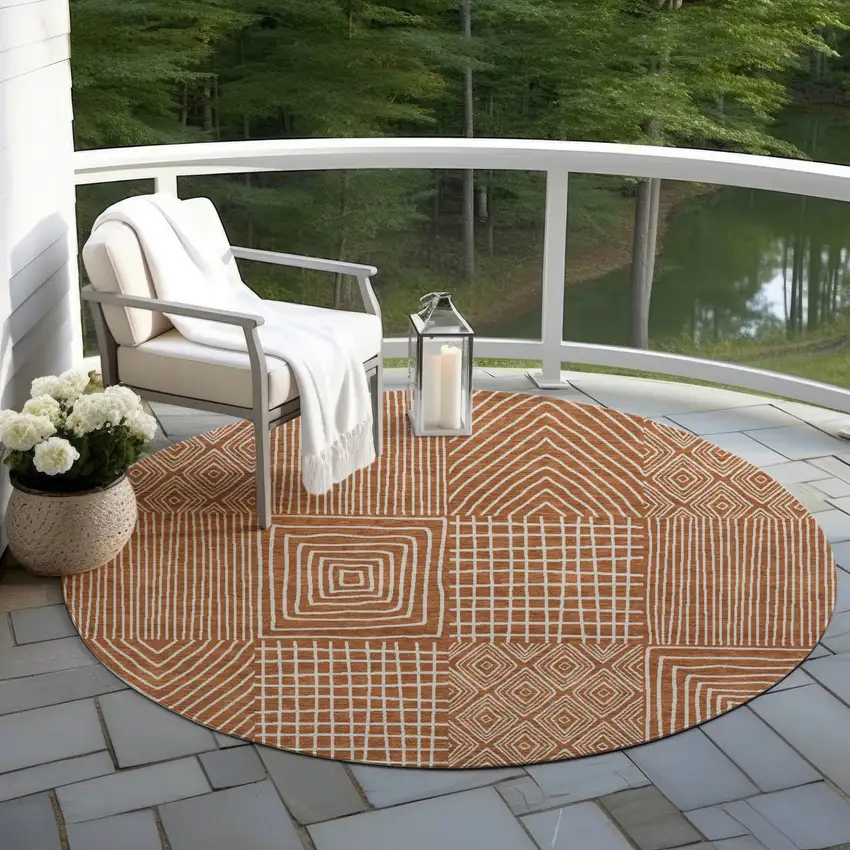 8' Brown And Beige Round Geometric Washable Indoor Outdoor Area Rug Photo 8