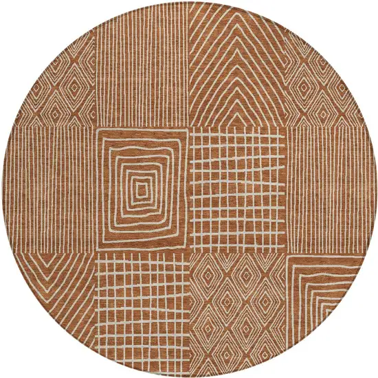 8' Brown And Beige Round Geometric Washable Indoor Outdoor Area Rug Photo 6