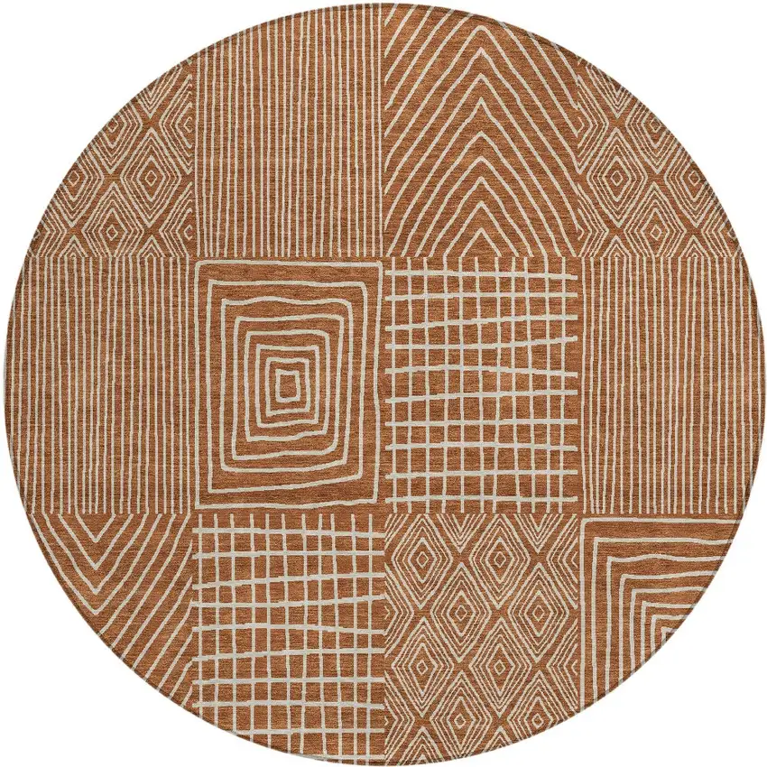 8' Brown And Beige Round Geometric Washable Indoor Outdoor Area Rug Photo 6