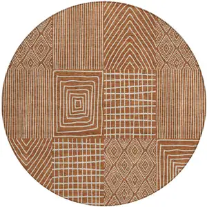 Photo of 8' Brown And Beige Round Geometric Washable Indoor Outdoor Area Rug