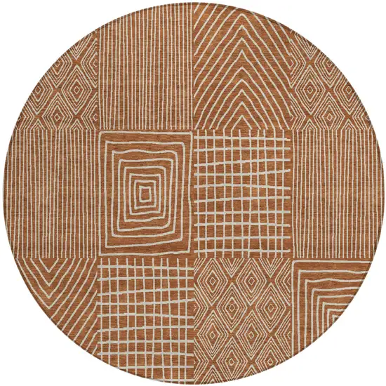 8' Brown And Beige Round Geometric Washable Indoor Outdoor Area Rug Photo 2