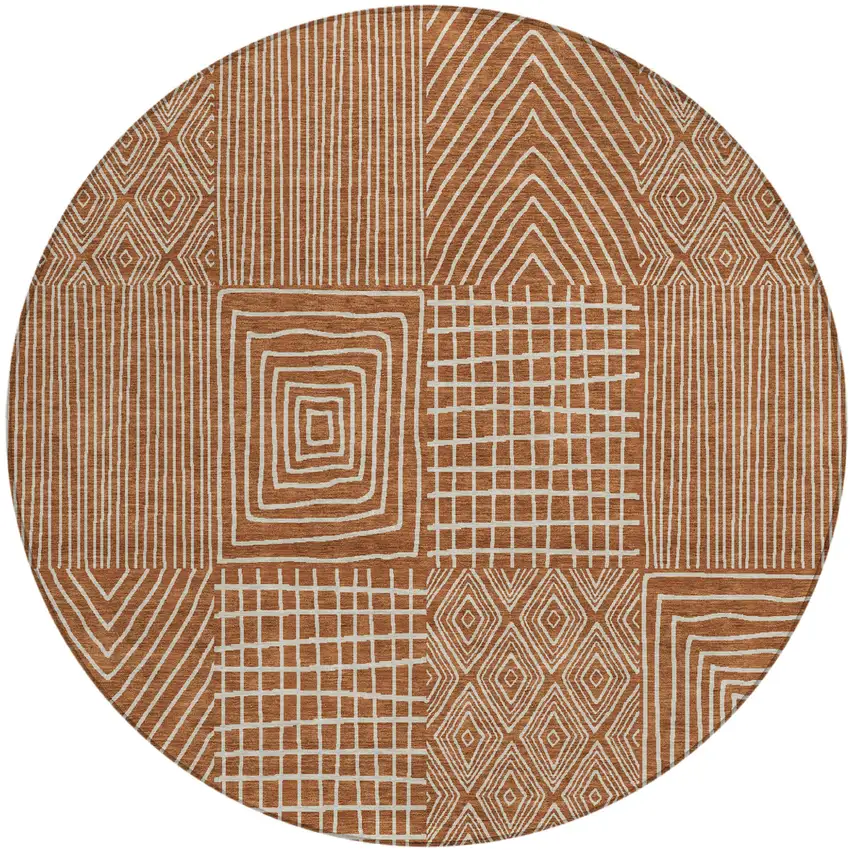 8' Brown And Beige Round Geometric Washable Indoor Outdoor Area Rug Photo 2