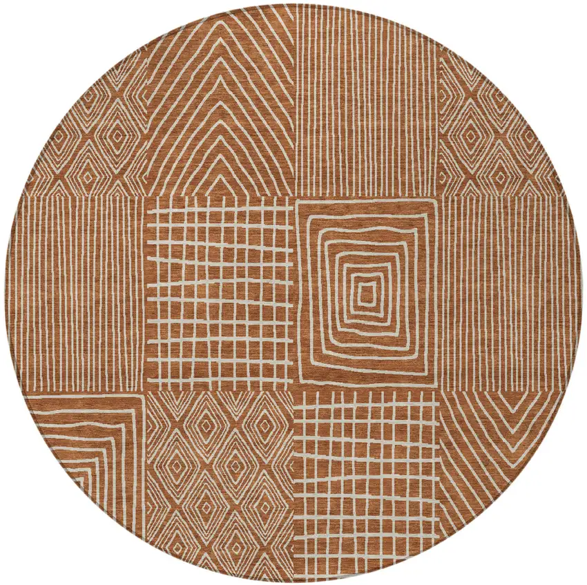 8' Brown And Beige Round Geometric Washable Indoor Outdoor Area Rug Photo 7