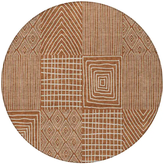 8' Brown And Beige Round Geometric Washable Indoor Outdoor Area Rug Photo 7