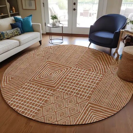 8' Brown And Beige Round Geometric Washable Indoor Outdoor Area Rug Photo 9