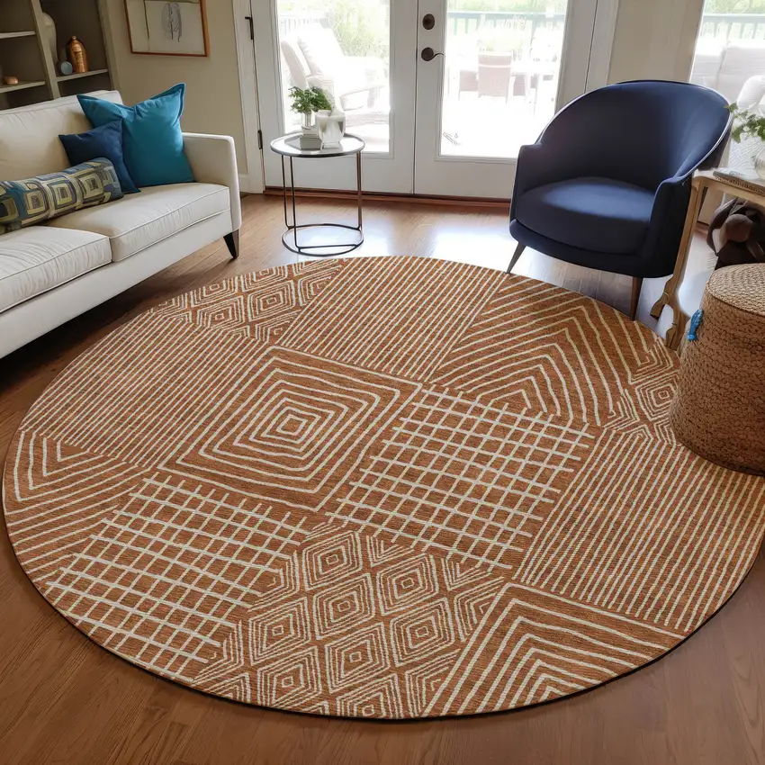 8' Brown And Beige Round Geometric Washable Indoor Outdoor Area Rug Photo 9