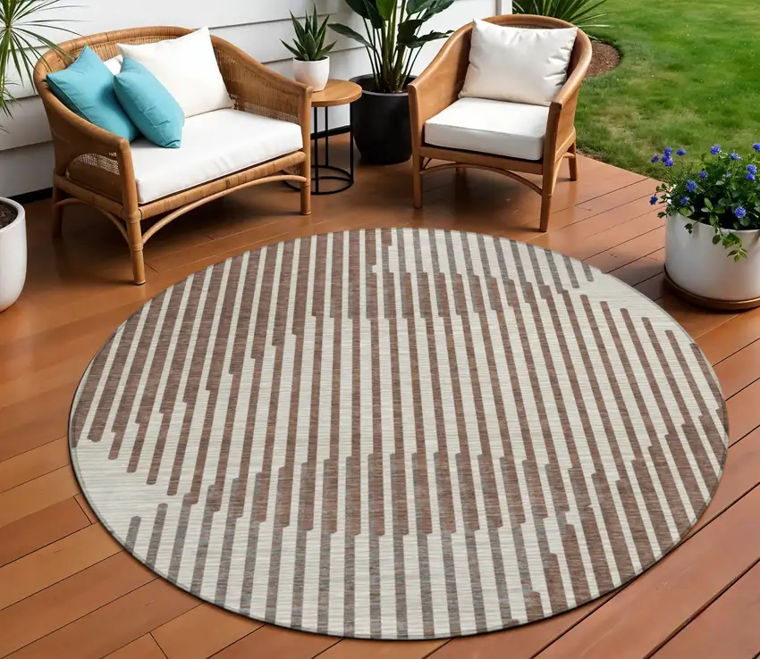 8' Brown And Beige Round Geometric Washable Indoor Outdoor Area Rug Photo 1