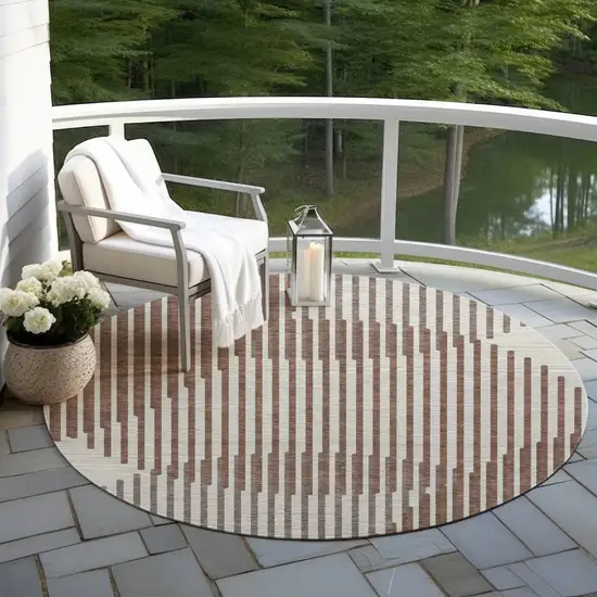 8' Brown And Beige Round Geometric Washable Indoor Outdoor Area Rug Photo 7