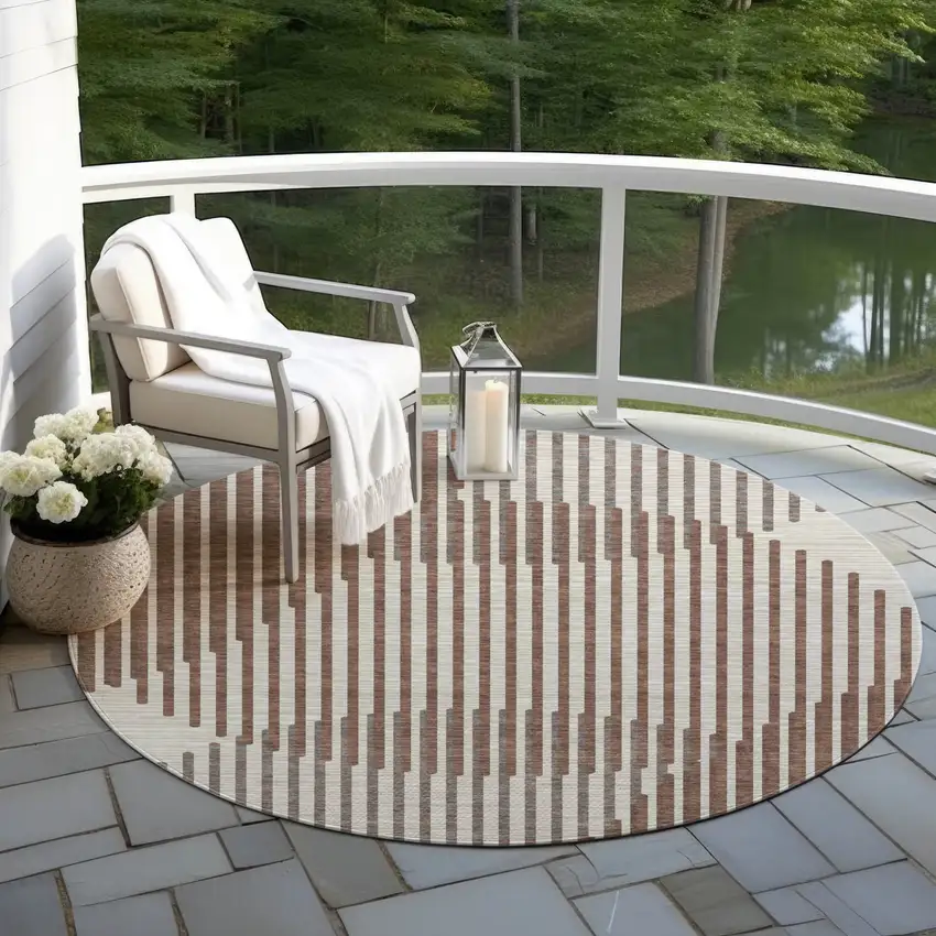 8' Brown And Beige Round Geometric Washable Indoor Outdoor Area Rug Photo 7