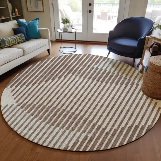 8' Brown And Beige Round Geometric Washable Indoor Outdoor Area Rug Photo 8