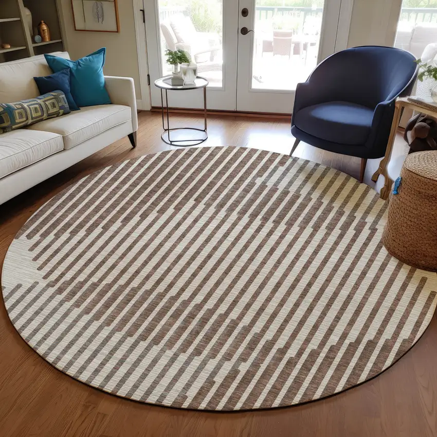 8' Brown And Beige Round Geometric Washable Indoor Outdoor Area Rug Photo 8