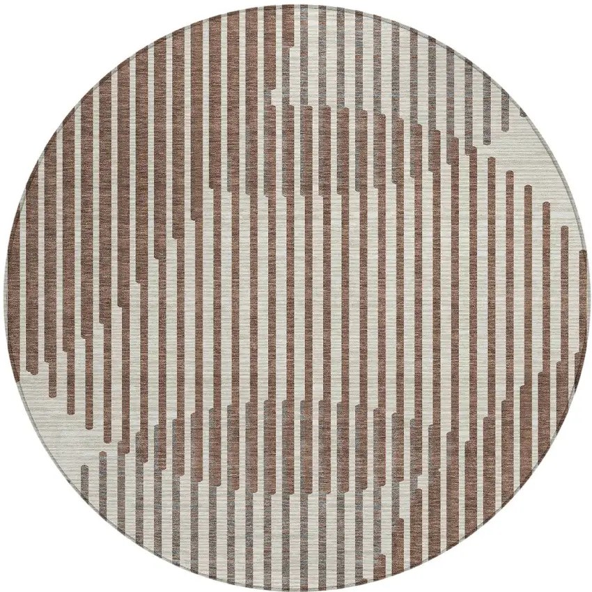 8' Brown And Beige Round Geometric Washable Indoor Outdoor Area Rug Photo 6