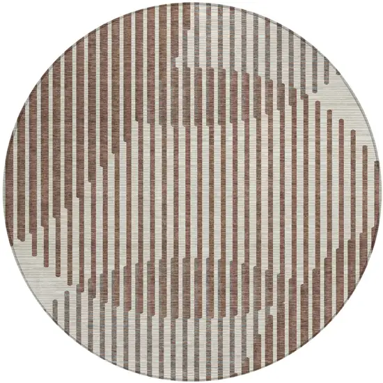 8' Brown And Beige Round Geometric Washable Indoor Outdoor Area Rug Photo 2