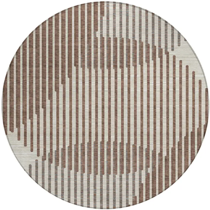 8' Brown And Beige Round Geometric Washable Indoor Outdoor Area Rug Photo 2