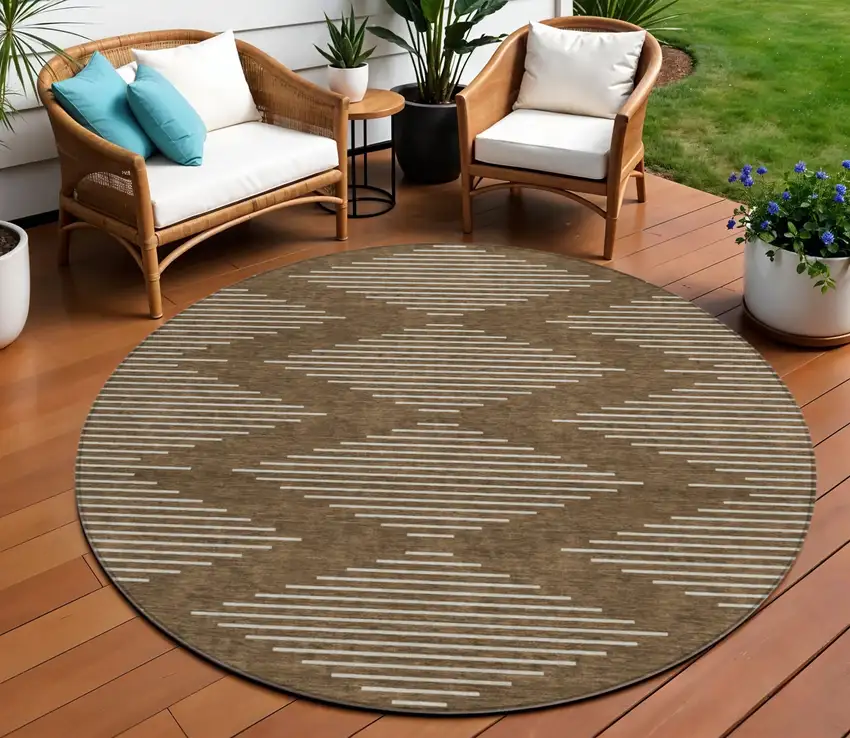 8' Brown And Beige Round Geometric Washable Indoor Outdoor Area Rug Photo 1