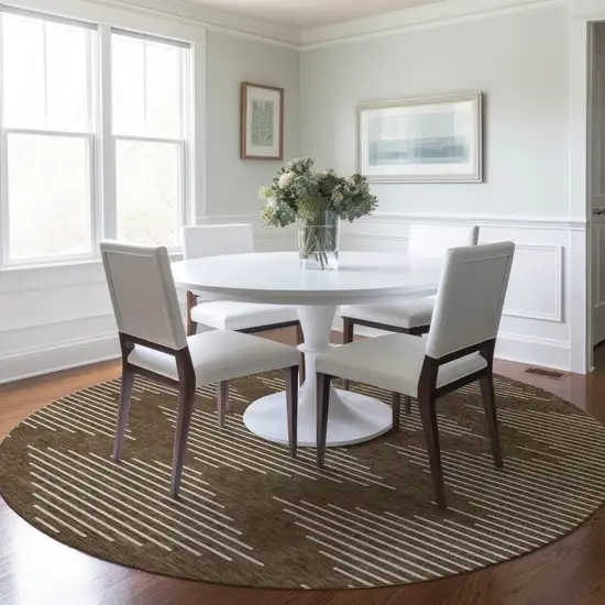 8' Brown And Beige Round Geometric Washable Indoor Outdoor Area Rug Photo 6