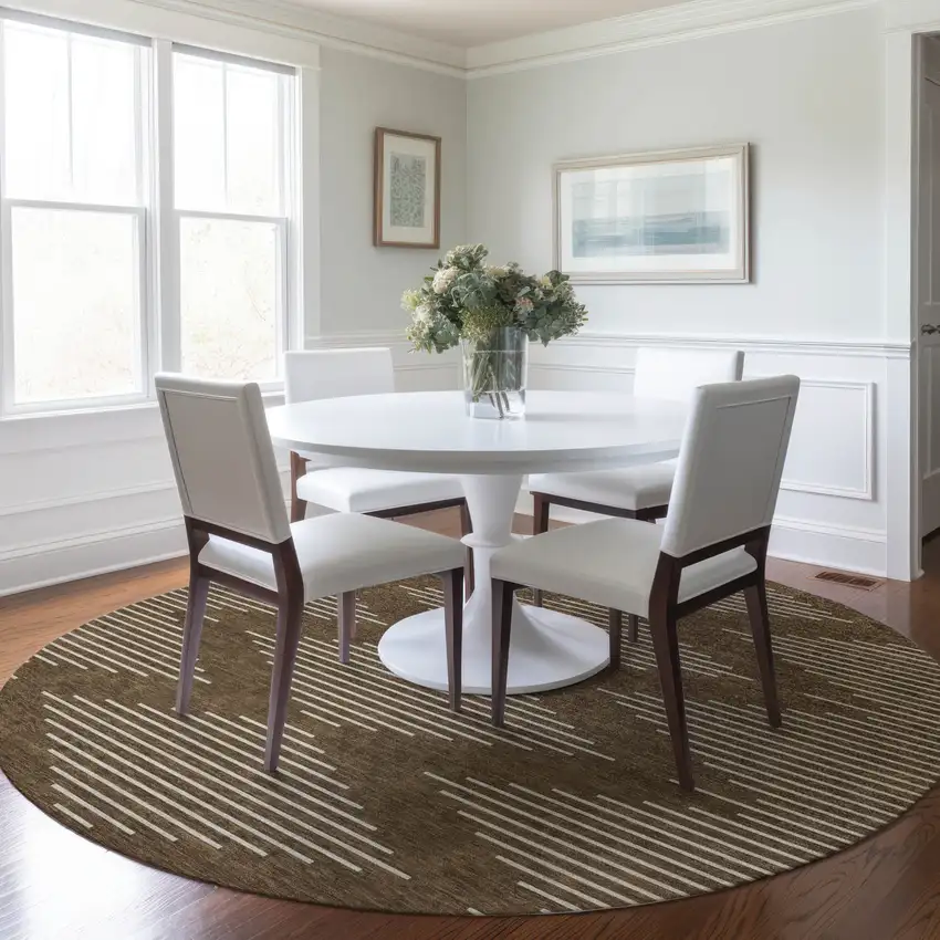 8' Brown And Beige Round Geometric Washable Indoor Outdoor Area Rug Photo 6