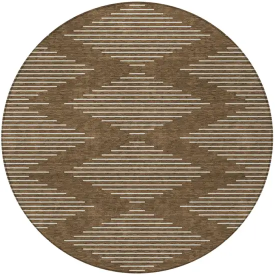 8' Brown And Beige Round Geometric Washable Indoor Outdoor Area Rug Photo 4