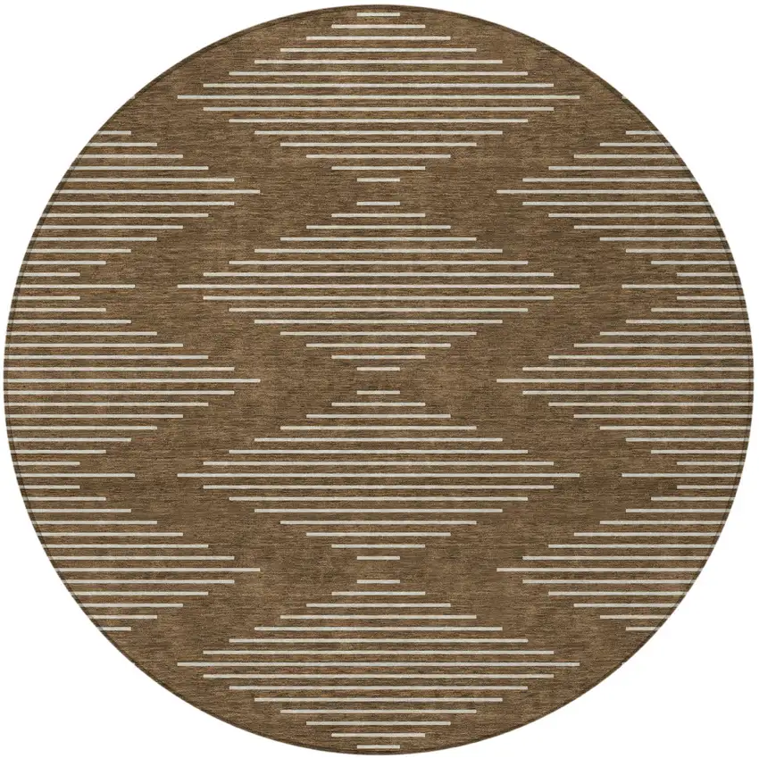 8' Brown And Beige Round Geometric Washable Indoor Outdoor Area Rug Photo 4
