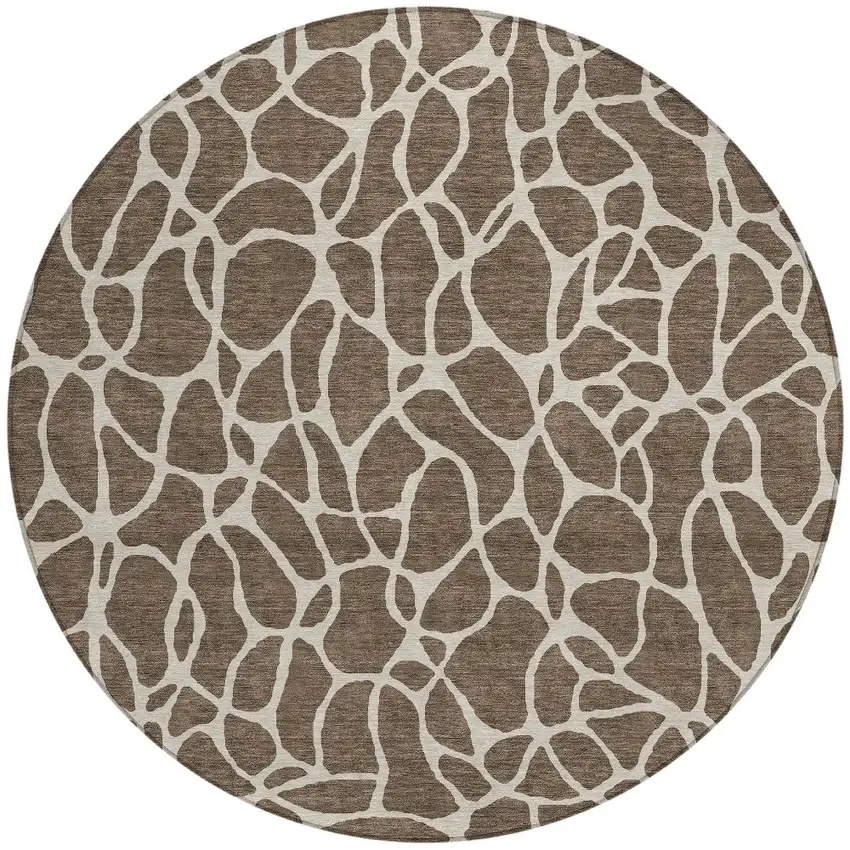 8' Brown And Beige Round Geometric Washable Indoor Outdoor Area Rug Photo 5